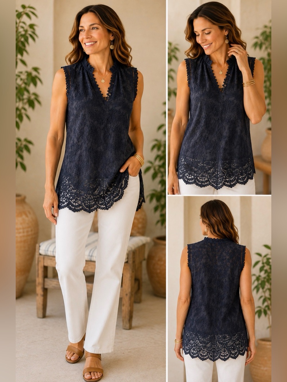 Sundance Navy Blue Mirabelle Embroidered V‑Neck Sleeveless Top